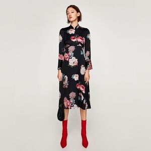 Zara Women  Printed Midi Dress With Mandarin Collar